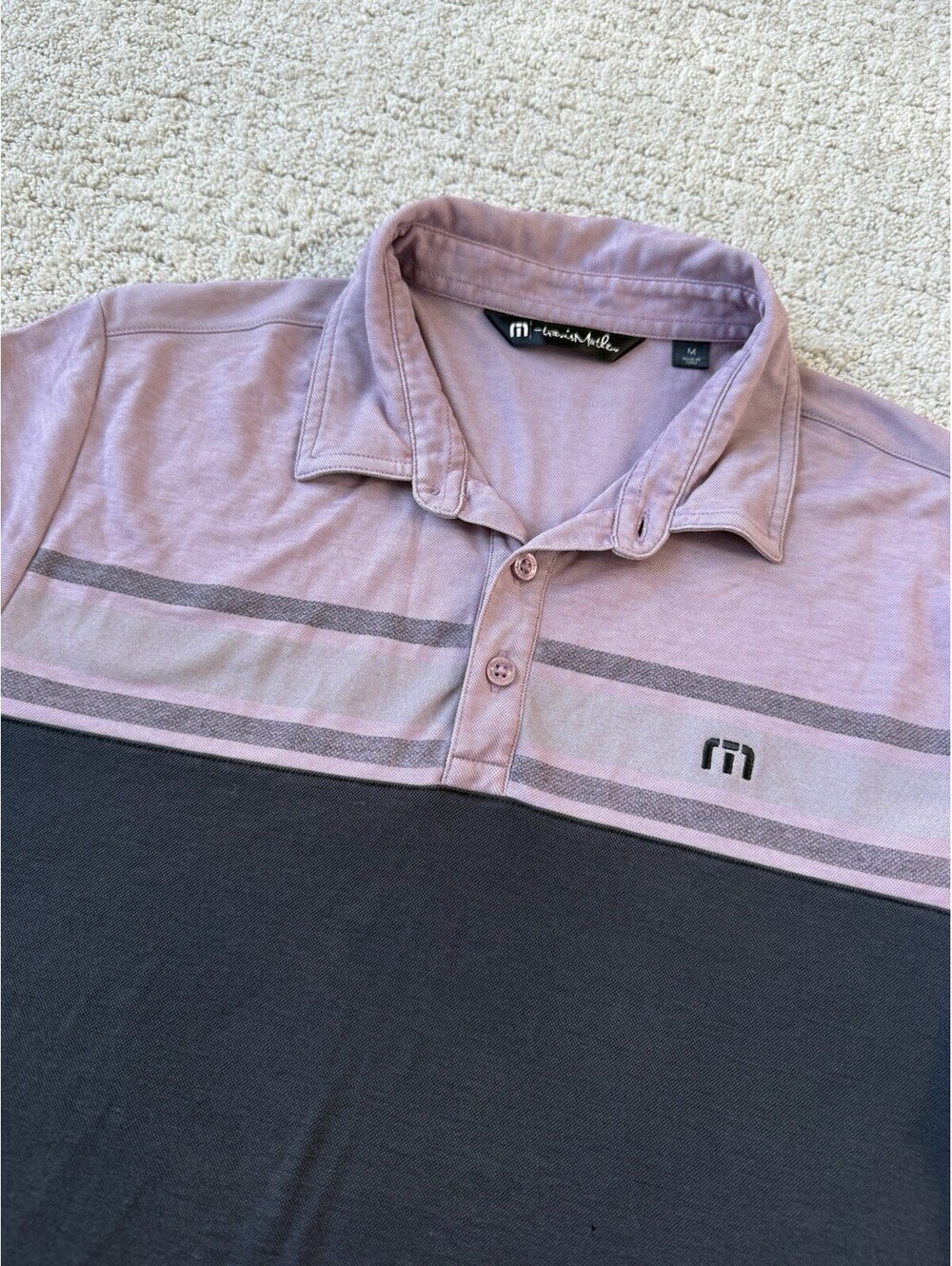 TravisMathew Men’s Medium Polo Shirt Pink Gray Colorblock Striped Golf